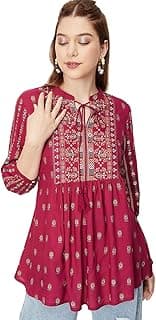MaxWomen's Rayon Regular Fit Printed Tie-Up Neck Tunic