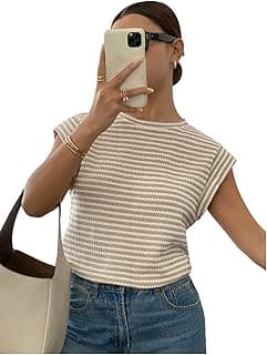 JawdrobeWomen’s Striped Western Top | Round Neck Cap Sleeve T-Shirt for Women | Loose Fit Casual Summer Wear
