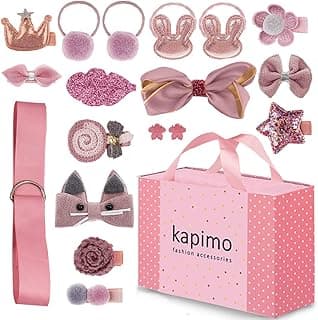 kapimo 18 Pcs Hair Clips for Baby Girls Toddlers Kids Fancy Cartoon Hair Accessories Bands Bows Ties Gift Set Box (Dark Pink)