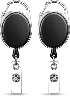 GLUN® Black Oval Round ID Reel Holder, Set of 2 Retractable Clip Badge Card Holders for Office Employees