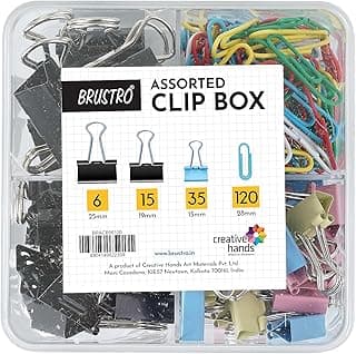 BRUSTRO Assorted Clip Box | Includes 120 Paper Clips-28mm & 56 Binder Clips (25mm- 6 pcs| 19mm- 15 pcs| 15mm- 35pcs) | Home, Office, Stationery use, Ideal for Kids and Adults, Reusable, Flexible
