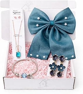 5 Pcs Trendy Hair Accessories & Jewelry Gift Set for Girls & Women, Hair Bow, Jewellery Set, Pendant Necklace with Earrings, Flower Hair Pins, Charm Bracelet, White Gift Box Included, Random Designs as per Latest Trend
