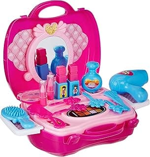 Amazon Brand - Jam & Honey Suitcase Makeup Set Toy for Kids 3+ Years, BIS Certified Safe for Kids, Portable Pretend Play Beauty Kit with Accessories, Role Play Cosmetic Set for Girls, Pink & Blue