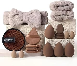 Multi-Shape Makeup Sponge Set | 20 Piece Beauty Puff Collection with Headband and Clean Sponge | Pink, Purple, Beige & Bright Sets | Face Blender Kit for Cream, Liquid & Powder | Aesthetic and Functional Makeup Tool (Brown, 20Pcs) Brown