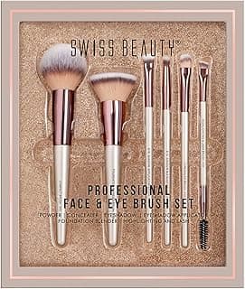 Swiss Beauty Professional Face & Eye Brush Set | 6-Piece Brush Set | Soft Synthetic Bristles | Easy Blending | Flawless Application | Premium Quality | Comfortable Grip | Cream, Liquid & Powder Formulation Synthetic Fiber