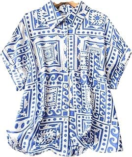 GufrinaWomen's Polyester Shirt with Pocket Half Raglan Sleeves Spread Collar Neck Geometric Printed Relaxed Fit and Standard Length