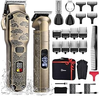 Hatteker Professional Hair Clippers for Men - Beard Trimmer and Grooming Kit - Waterproof T-Blade Cordless Barber Set With Nose and Body Hair Trimmer